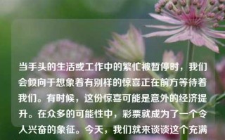 当手头的生活或工作中的繁忙被暂停时，我们会倾向于想象着有别样的惊喜正在前方等待着我们。有时候，这份惊喜可能是意外的经济提升。在众多的可能性中，彩票就成为了一个令人兴奋的象征。今天，我们就来谈谈这个充满期待和可能性的那彩票。65.97.90，生活中的期待与惊喜——探讨彩票的可能性，生活中的期待与惊喜，探讨彩票的可能性与期待中的惊喜之旅