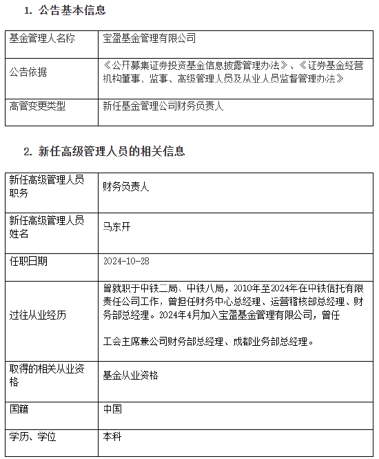 宝盈基金新任马东开为财务负责人-第1张图片-彩票资讯