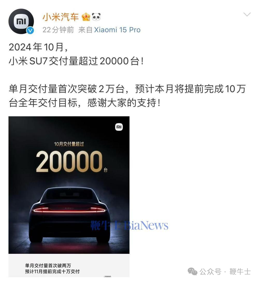 新能源车企10月销量：比亚迪破50万辆，小米首破2万辆，哪吒未交卷-第2张图片-彩票资讯