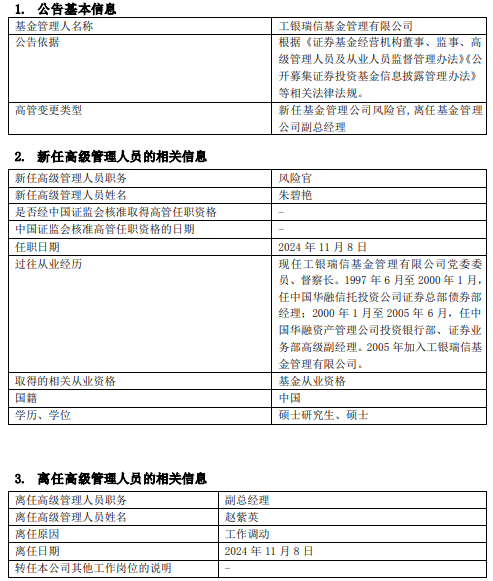 工银瑞信基金高管变更：副总经理赵紫英离任 新任朱碧艳为风险官-第1张图片-彩票资讯