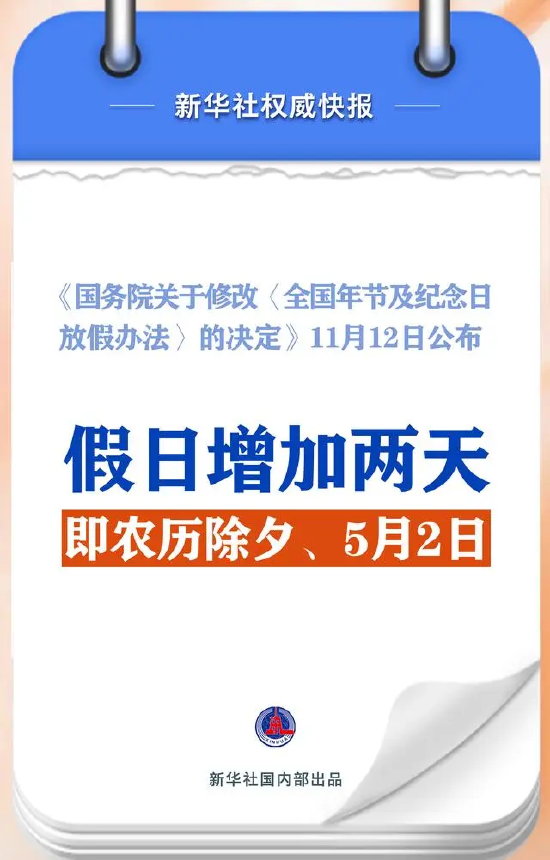 春节和劳动节各增1天！2025年放假安排来了-第1张图片-彩票资讯