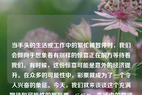 当手头的生活或工作中的繁忙被暂停时，我们会倾向于想象着有别样的惊喜正在前方等待着我们。有时候，这份惊喜可能是意外的经济提升。在众多的可能性中，彩票就成为了一个令人兴奋的象征。今天，我们就来谈谈这个充满期待和可能性的那彩票。65.97.90，生活中的期待与惊喜——探讨彩票的可能性，生活中的期待与惊喜，探讨彩票的可能性与期待中的惊喜之旅-第1张图片-彩票资讯